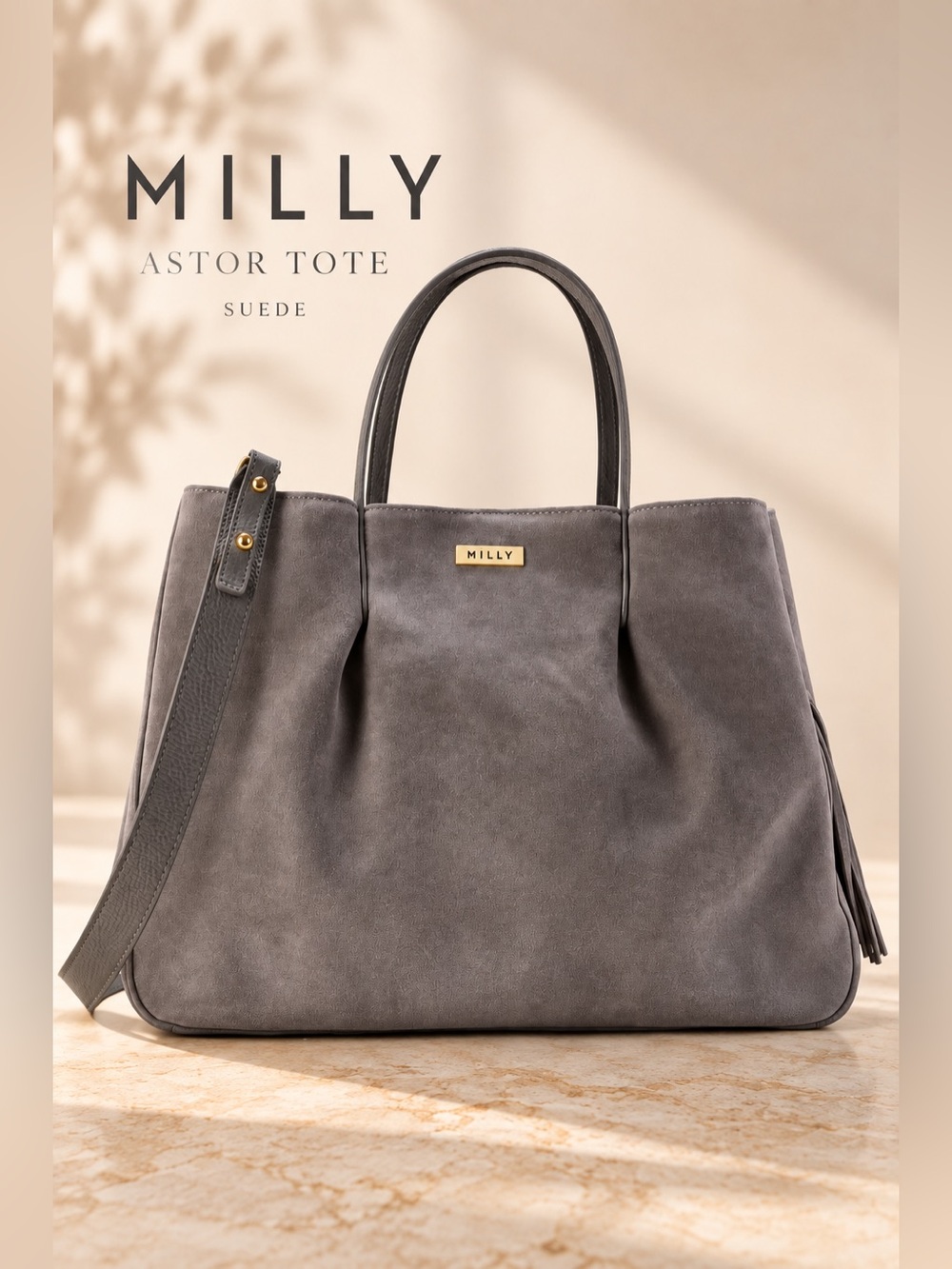 Milly Astor Ruffle Suede Pinched Tote Gray Convertible Shoulder Bag